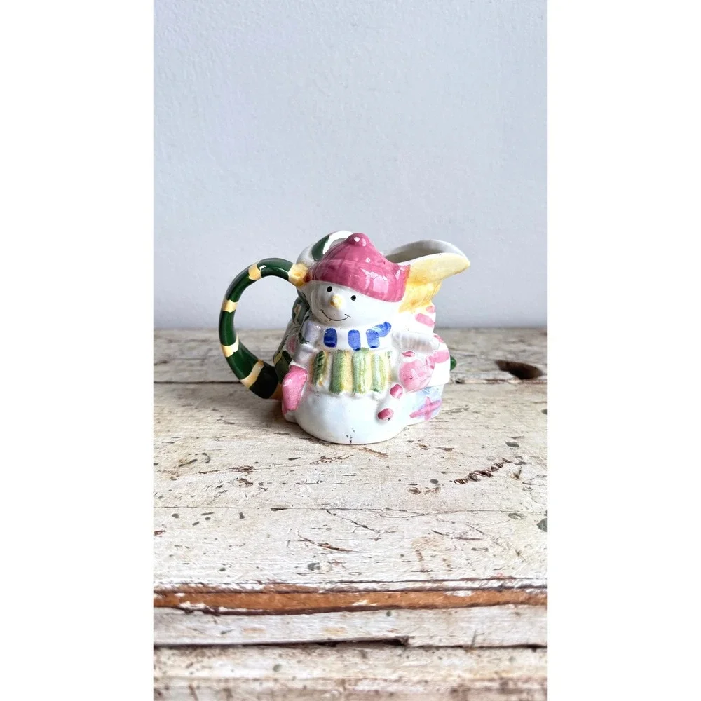 Vintage Snowman Ceramic Pitcher Christmas Holiday Creamer Hand Painted 4.25 CSGB